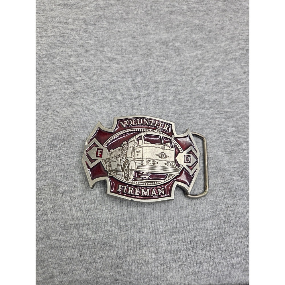 Vintage 1979 Volunteer Fireman Red Enamel Firetruck Belt Buckle Heavy Large